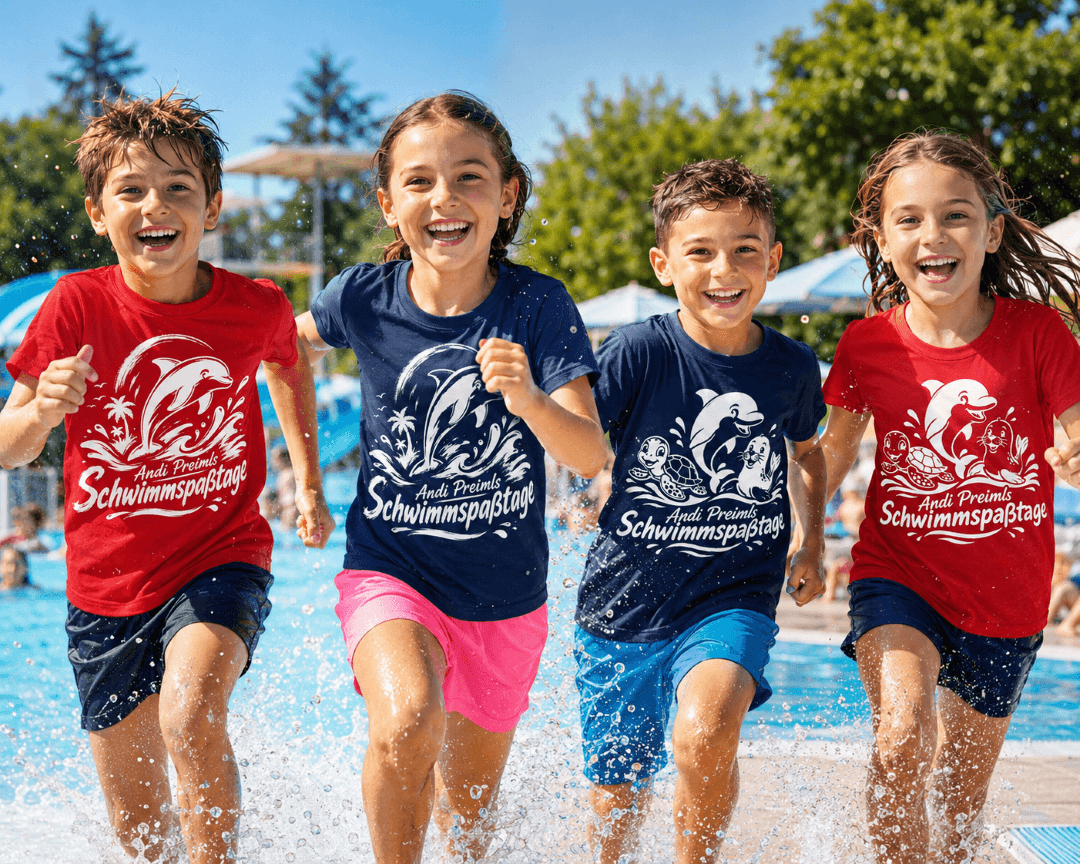 Kinder im Event-Shirt der Schwimmspaß Tage – rot und navy mit Delfin-, Schildkröten- und Robben-Motiv